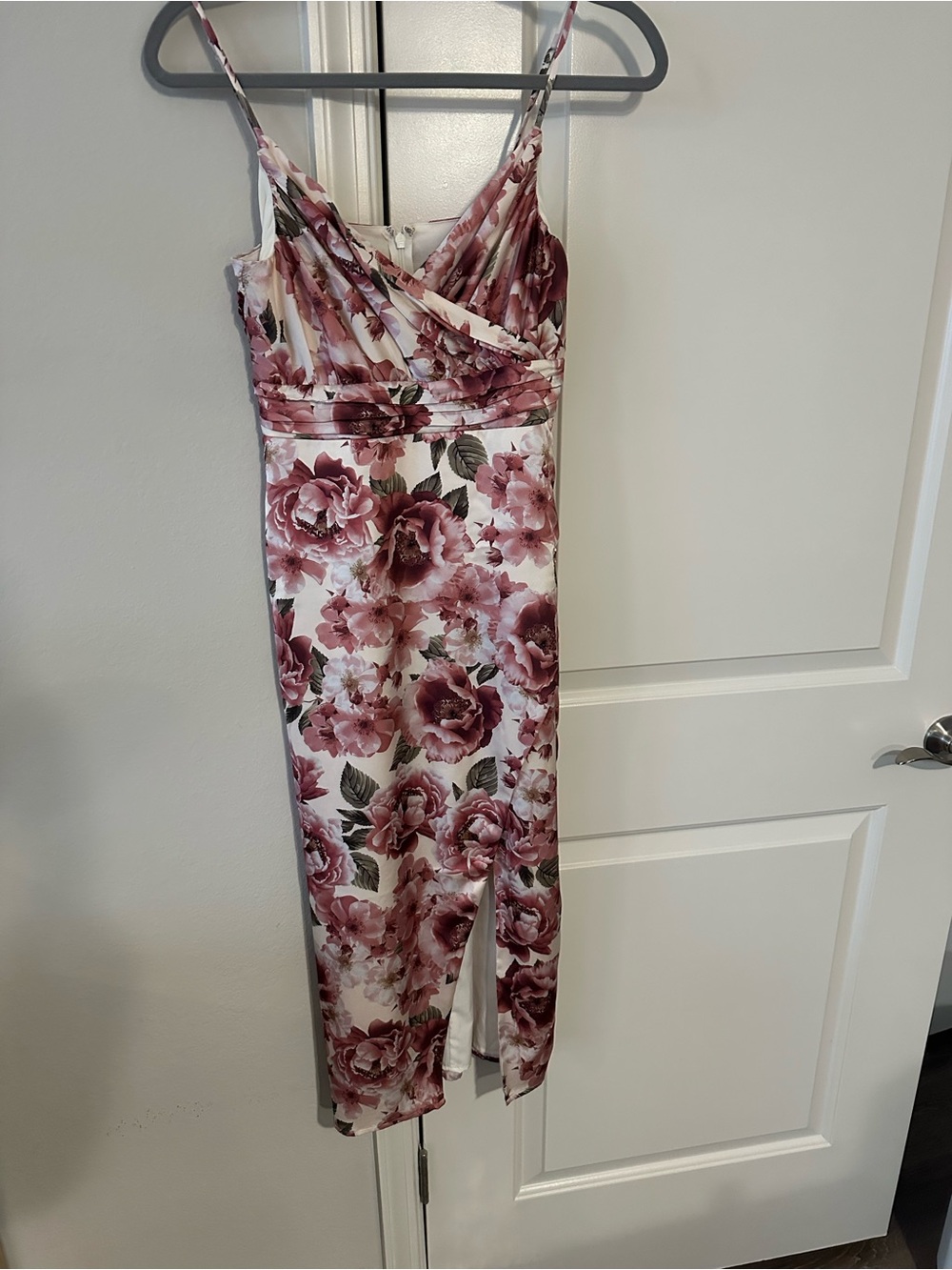 Express Rose and Cream Floral Satin-Feel Spaghetti-Strap Midi Dress